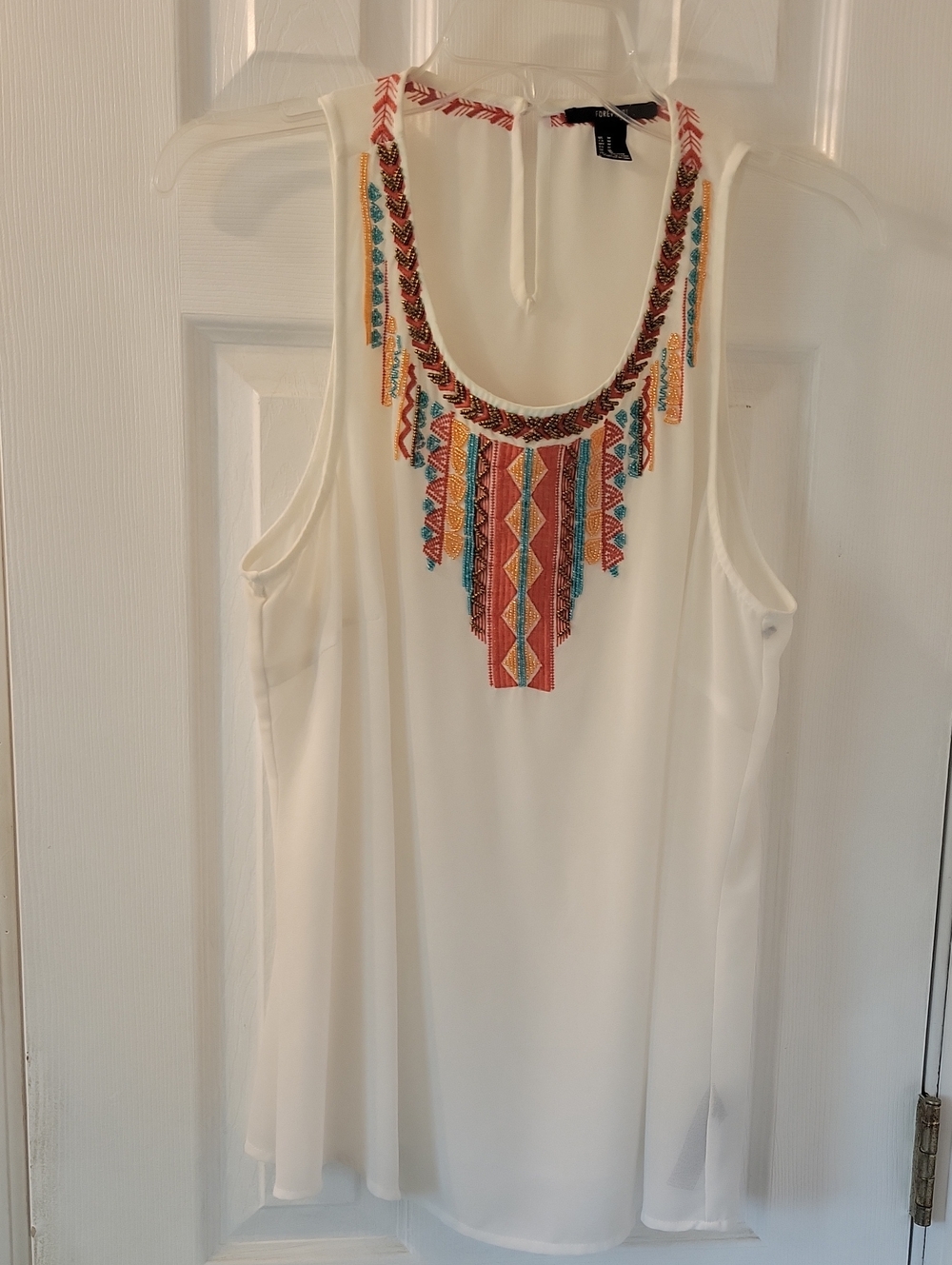 Forever 21 Cream Tank with Multicolor Embroidered Fringe Neckline